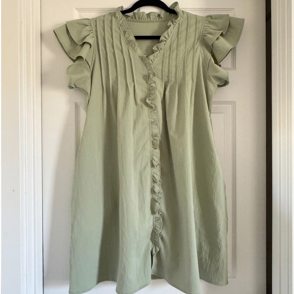Sage Green Ruffle Sleeve Pintuck Mini Dress Pockets Boho Cottagecore Size L‎